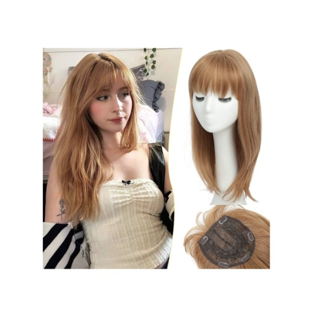 PANEWAY 18in Hair Topper with Bangs Ginger Strawberry Blonde Synthetic Hairpiece